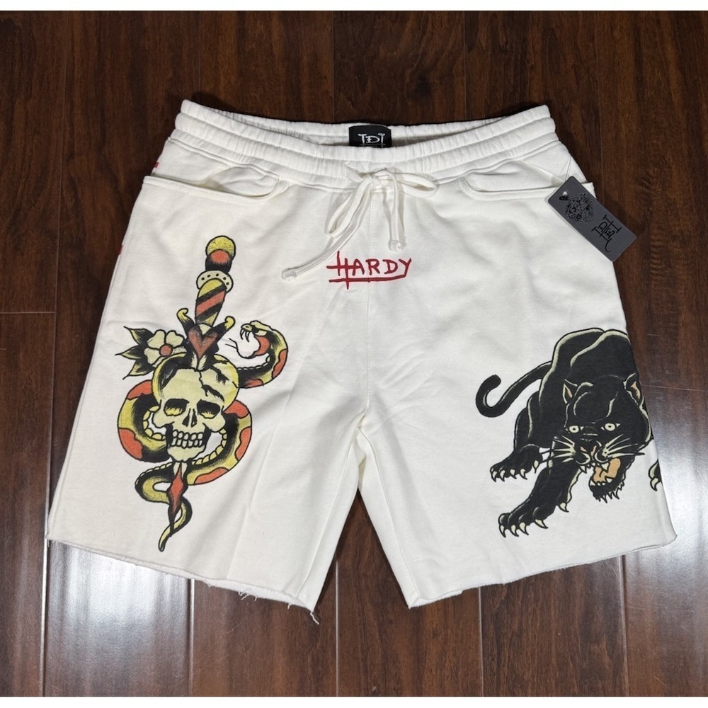 ED HARDY Panther Skull Dagger Fleece Sweat Shorts White Ivory Men's L *NEW* $65
